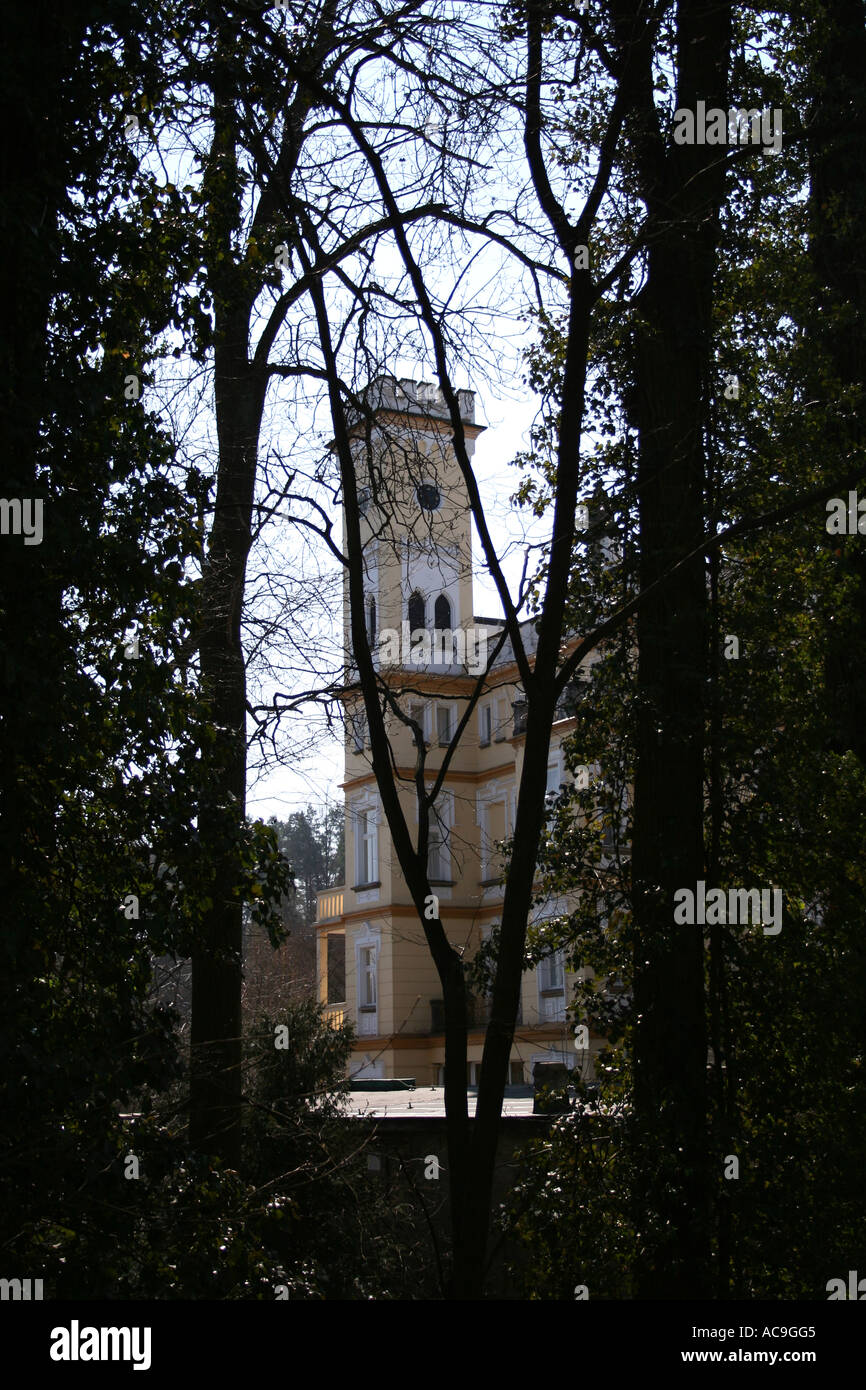 Historical building's clock tower viewed through the trees, showcasing ...