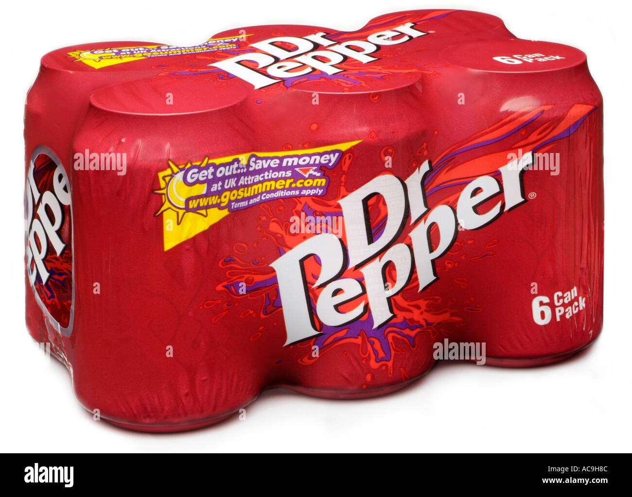 Doctor Dr Pepper shrink wrapped six 6 pack three quarter view cut out white background Stock Photo