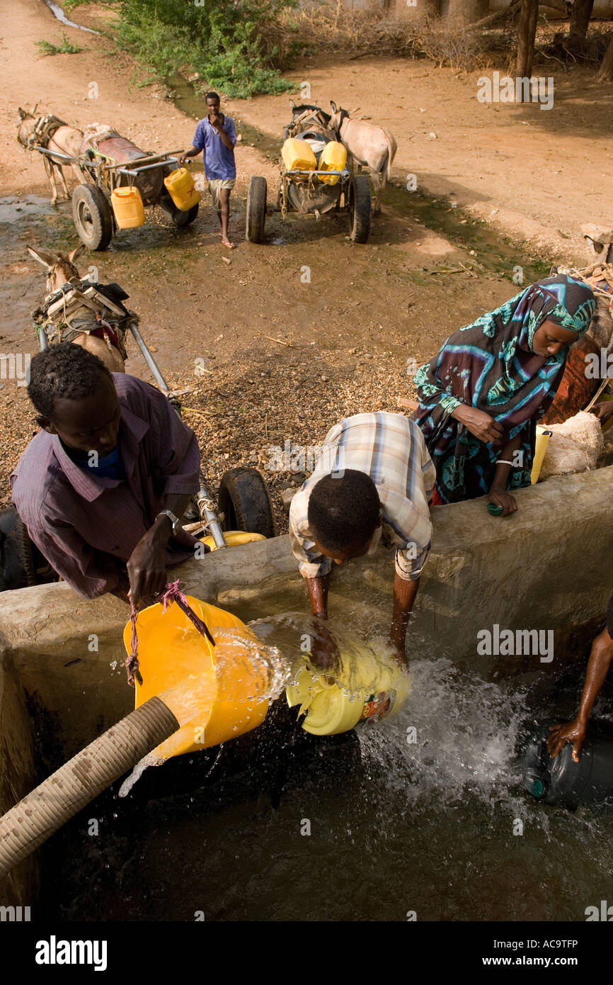 DARRO WESTERN SOMALIA 27 FEB 2006 Water sellers begin to fill their donkey drawn water carts from a diesel powered pump Stock Photo