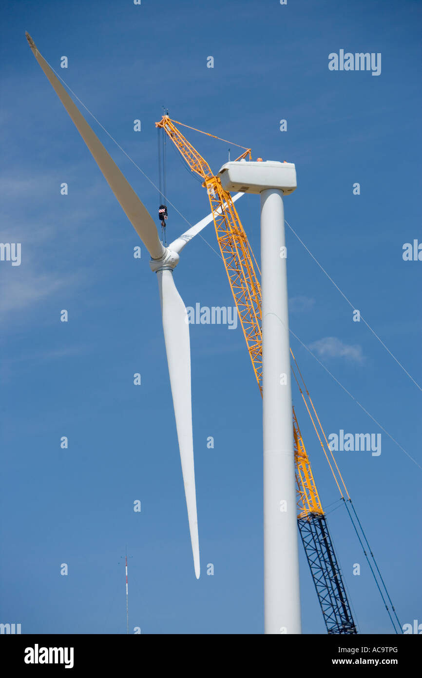 Crane installing Propeller to generator, Wind Turbine, Oregon Stock Photo