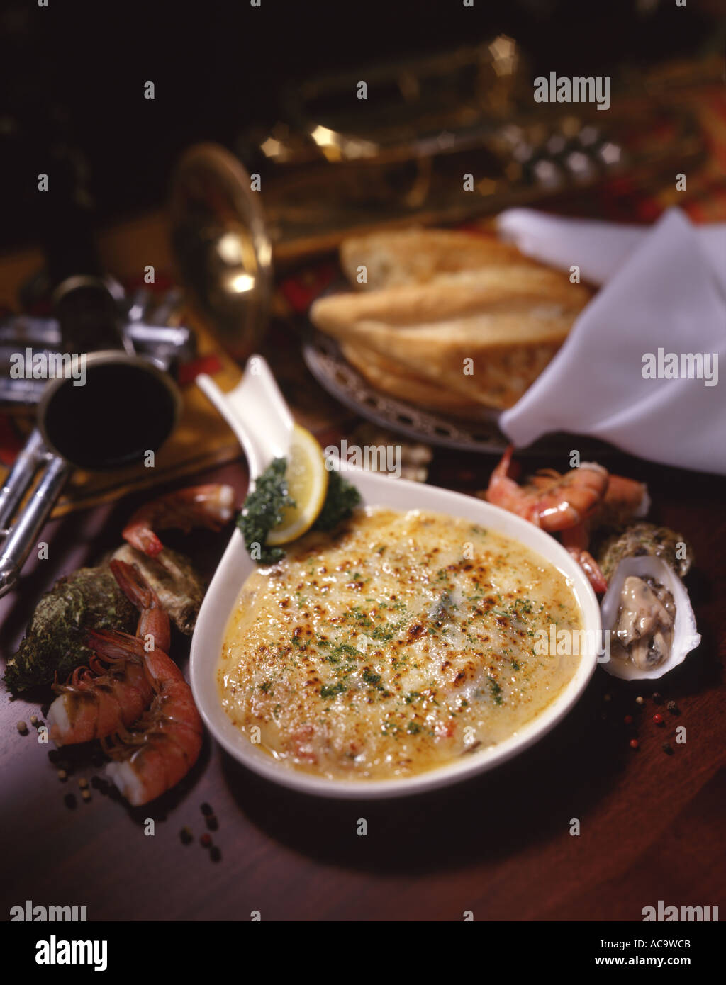 Seafood fondue with bread shrimp and oysters Stock Photo Alamy