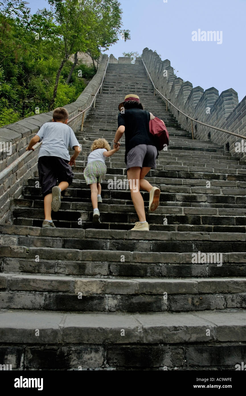 China Beijing French Woman And Her Little Boy And Girl Ascending The Great Wall At Juyongguan Gate Near Badaling Stock Photo