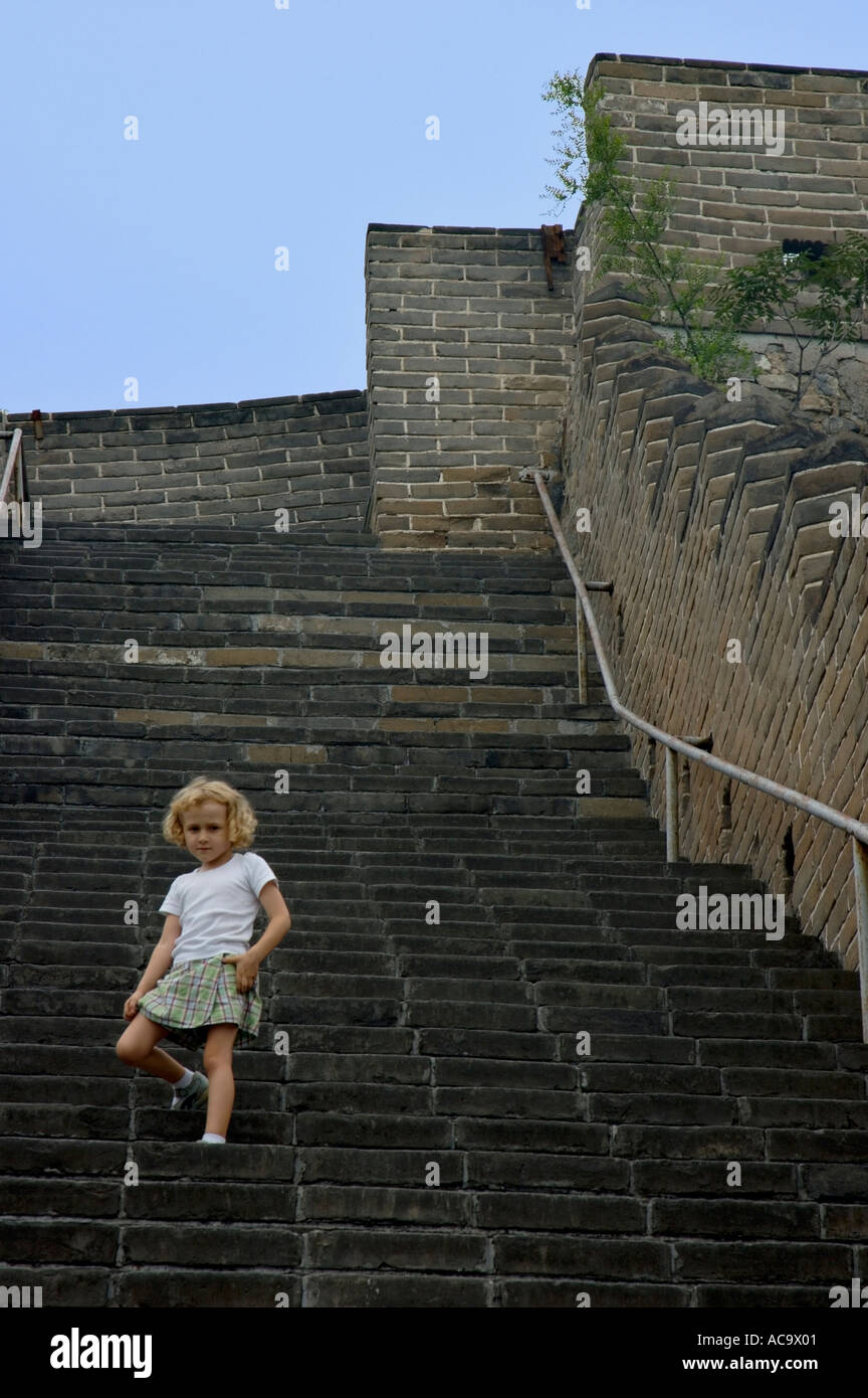 China Beijing Blond Little Girl Descending The Great Wall At Juyongguan Gate Near Badaling Stock Photo