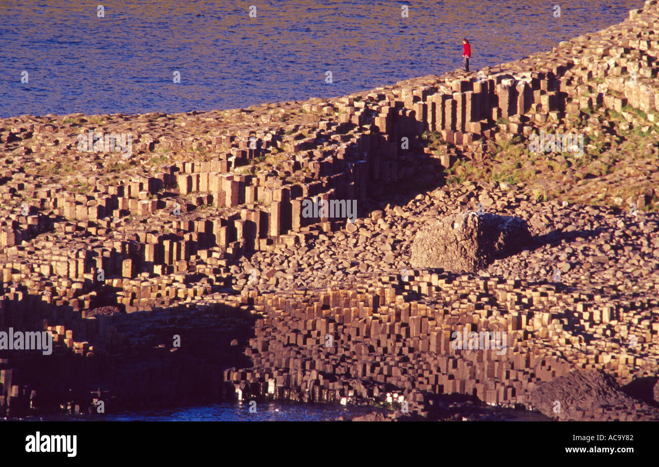 Person on the hexagonal columns of Giants Causeway Co Antrim Northern Ireland Stock Photo