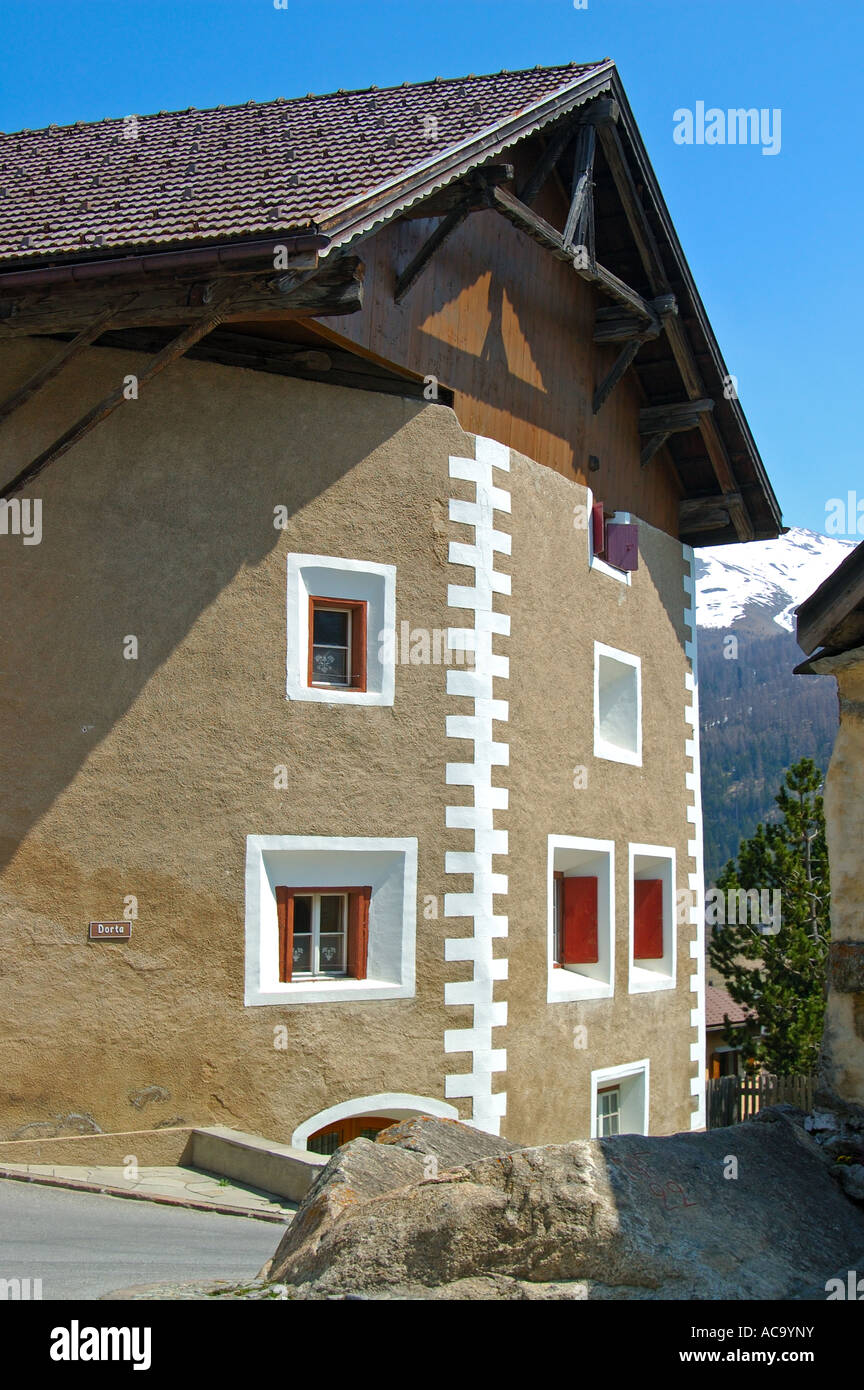 Front of a typical Engadine house decorated with Sgraffito ornaments, Zuoz, Engadin, Grisons, Switzerland Stock Photo