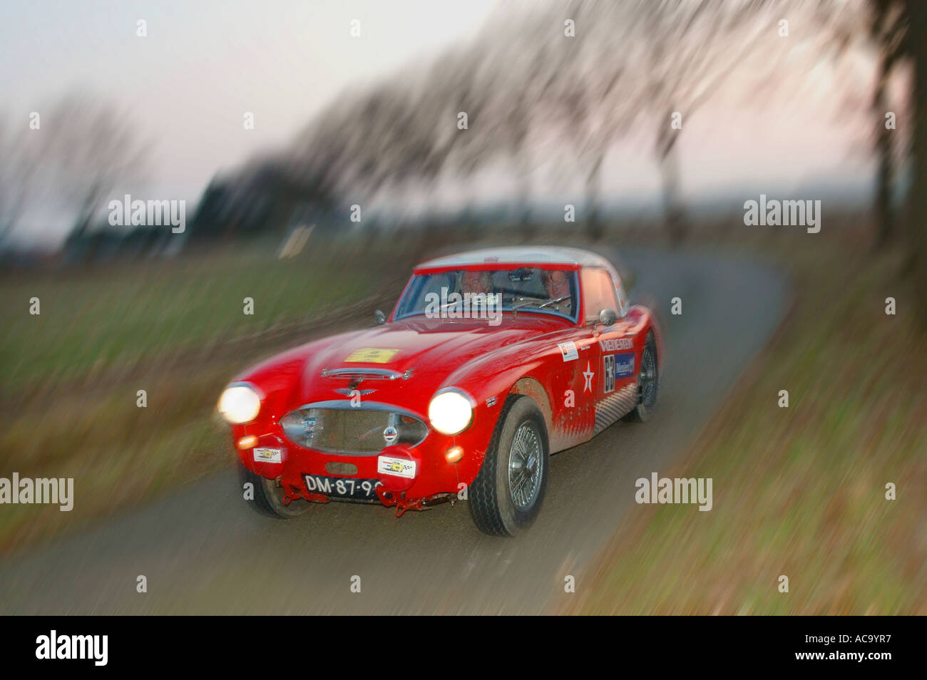 Front three quarter view of Red Austin Healey 100/6 rally car at speed on tree-lined tarmac road at dusk with motion streaks Stock Photo