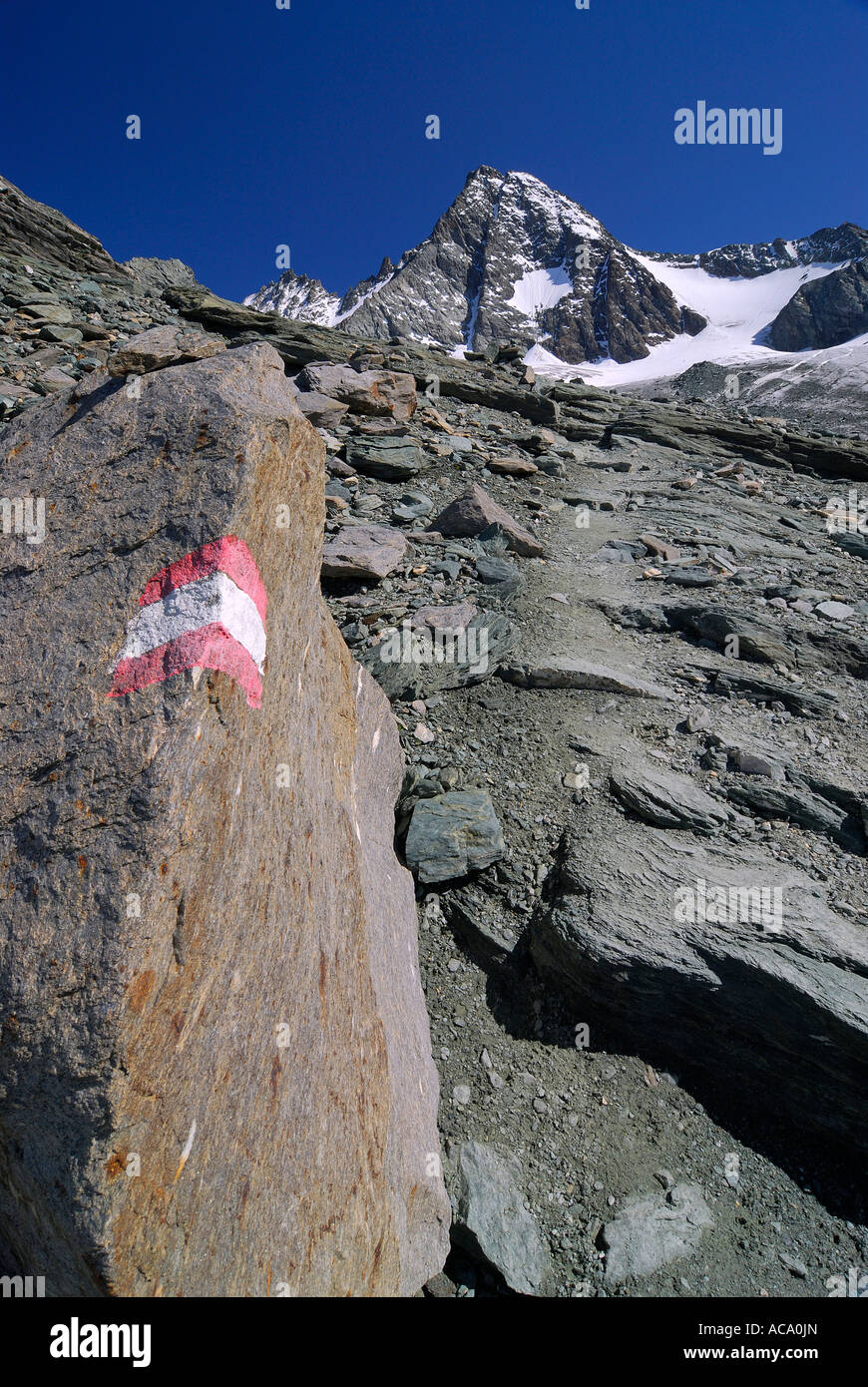 Trail in front of the peak of the Grossglockner, National Park Hohe Tauern, Tyrol, Austria Stock Photo