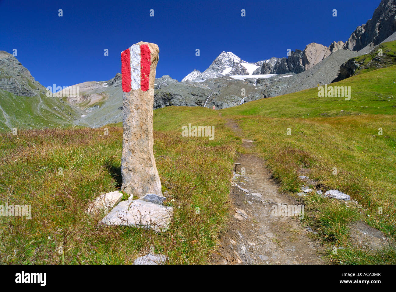 Trail in front of the peak of the Grossglockner, National Park Hohe Tauern, Tyrol, Austria Stock Photo