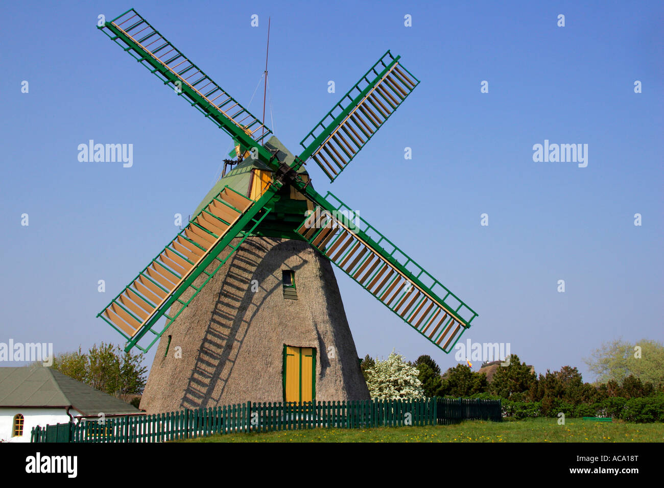 Old windmill build in dutch style - Nebel, Amrum, North Frisia, Schleswig-Holstein, Germany, Europe Stock Photo