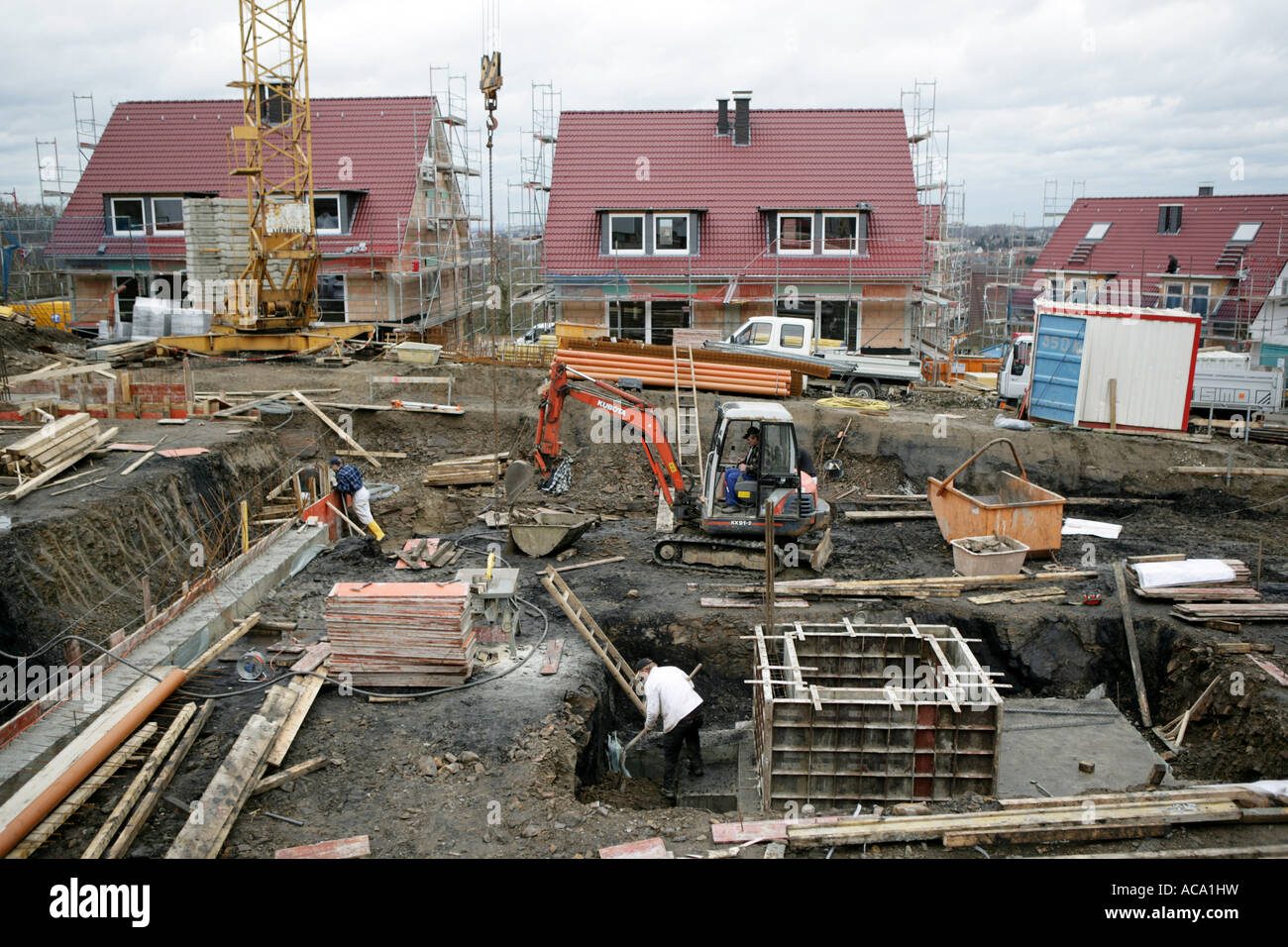 Concrete works at the foundation of a house, Essen, North Rhine-Westphalia, Germany Stock Photo