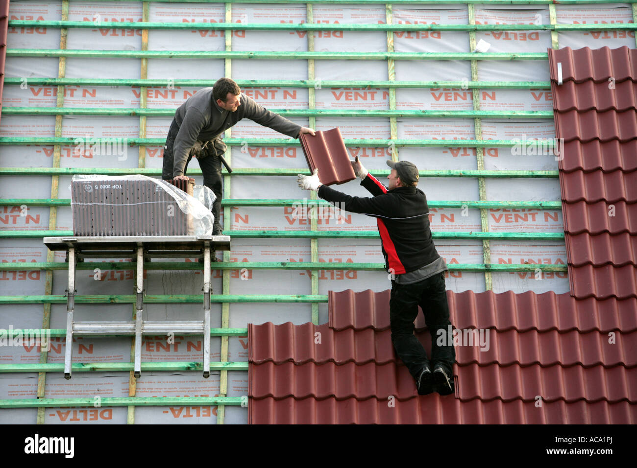 Roof tilers tiling a pointed roof of an apartment house, Essen, North Rhine-Westphalia, Germany Stock Photo