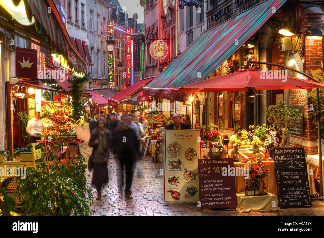 Alley with seafood restaurants Rue des Bouchers, Brussels, Belgium