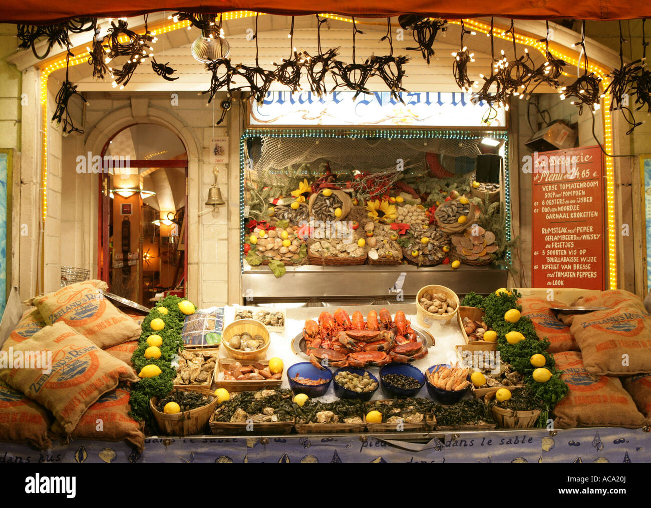Showcase of a seafood restaurant, Rue des Bouchers, Brussels, Belgium Stock Photo
