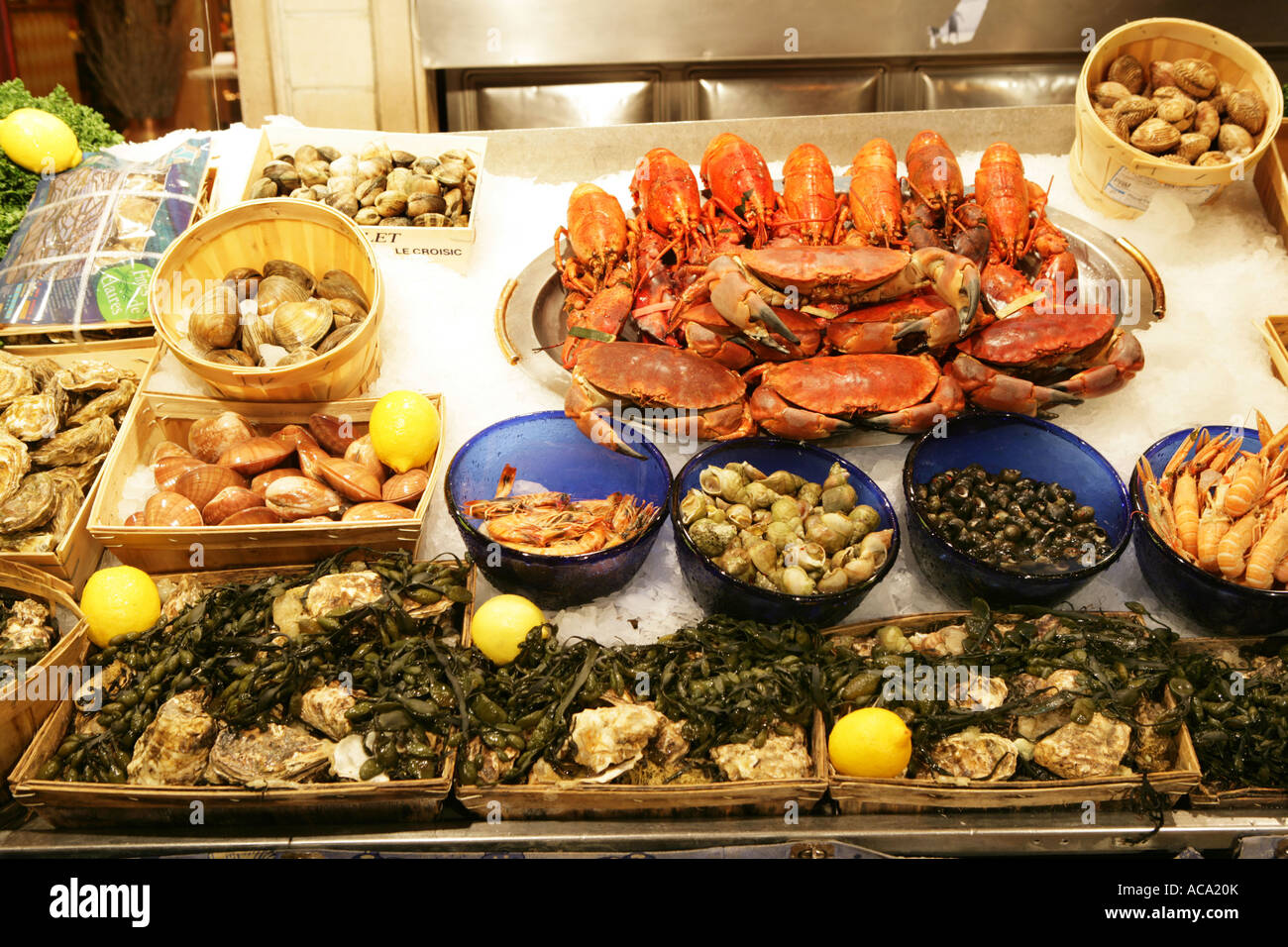 Showcase of a seafood restaurant, Rue des Bouchers, Brussels, Belgium Stock Photo