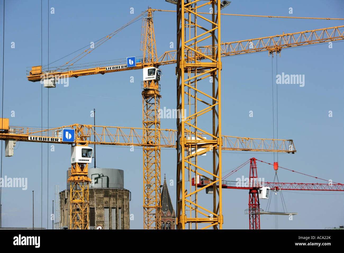 Cranes, Construction site of a giant Karstadt shopping Mall 'Limbecker Platz', Essen, North Rhine-Westphalia, Germany Stock Photo