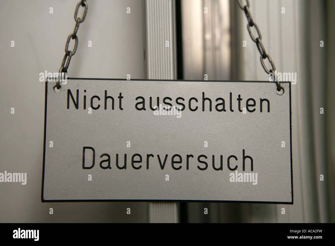 Technical department of a company. Sign says permanent testing, Essen, North Rhine-Westphalia, Germany Stock Photo