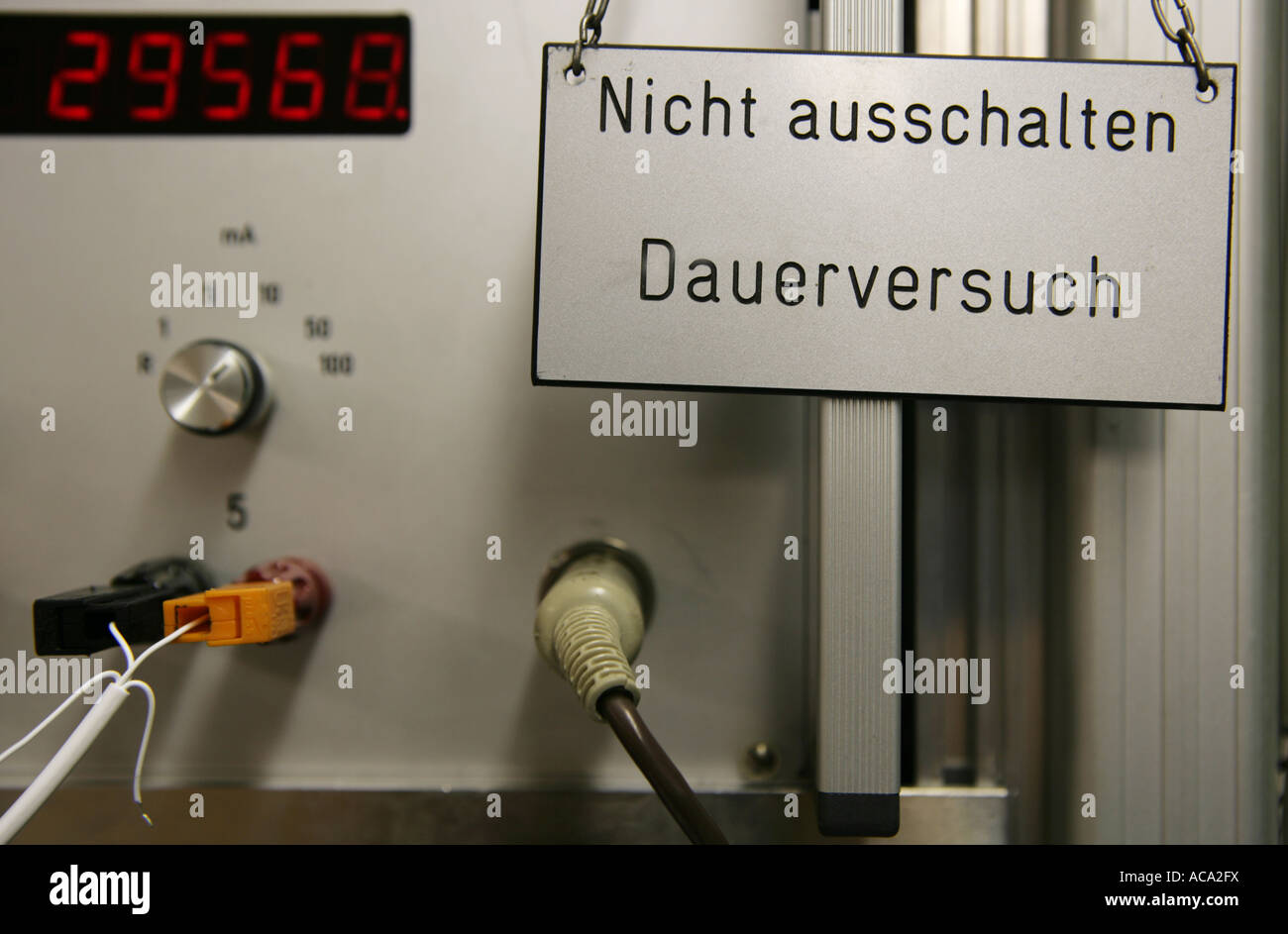 Technical department of a company. Sign says permanent testing, Essen, North Rhine-Westphalia, Germany Stock Photo