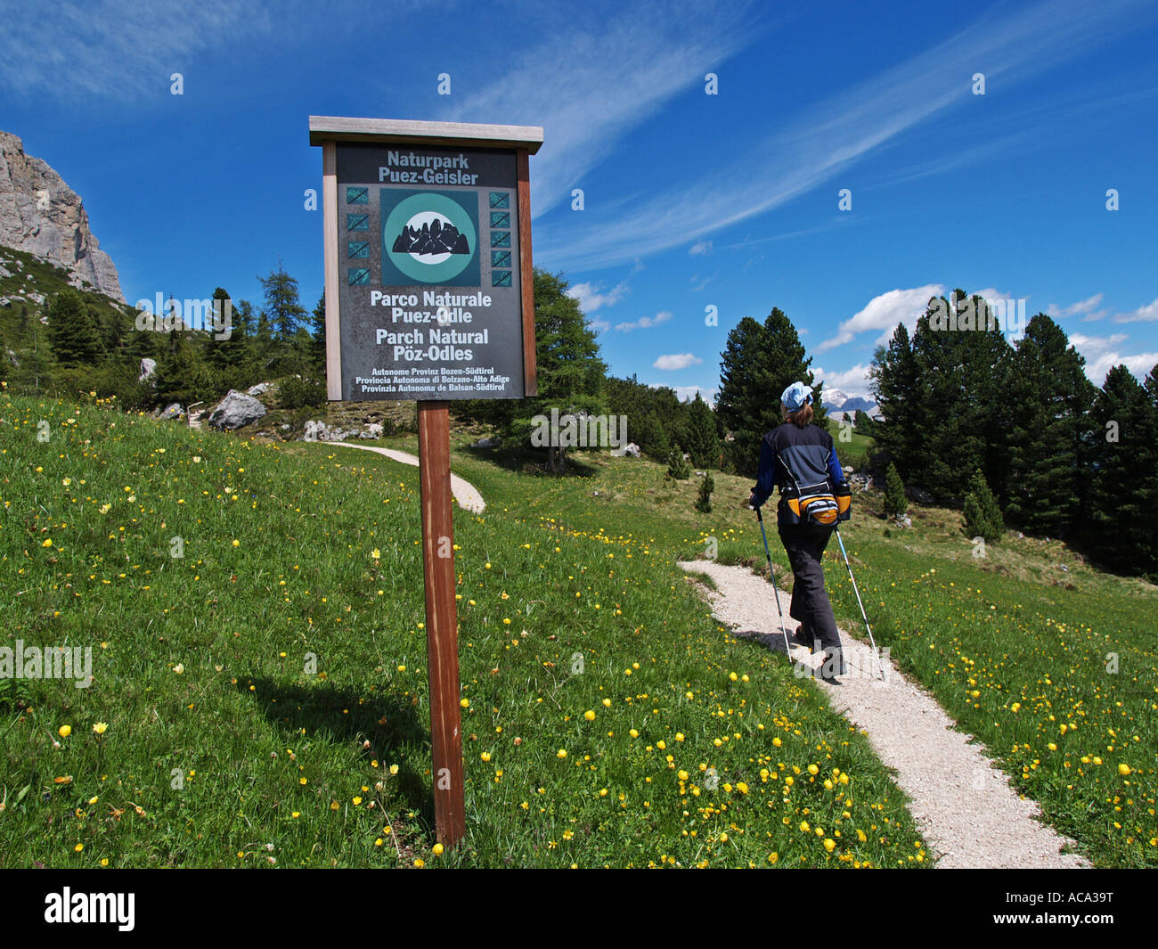 Hiking in the nature reserves of Puez-Geisler, Dolomites, South Tyrol, Italy Stock Photo