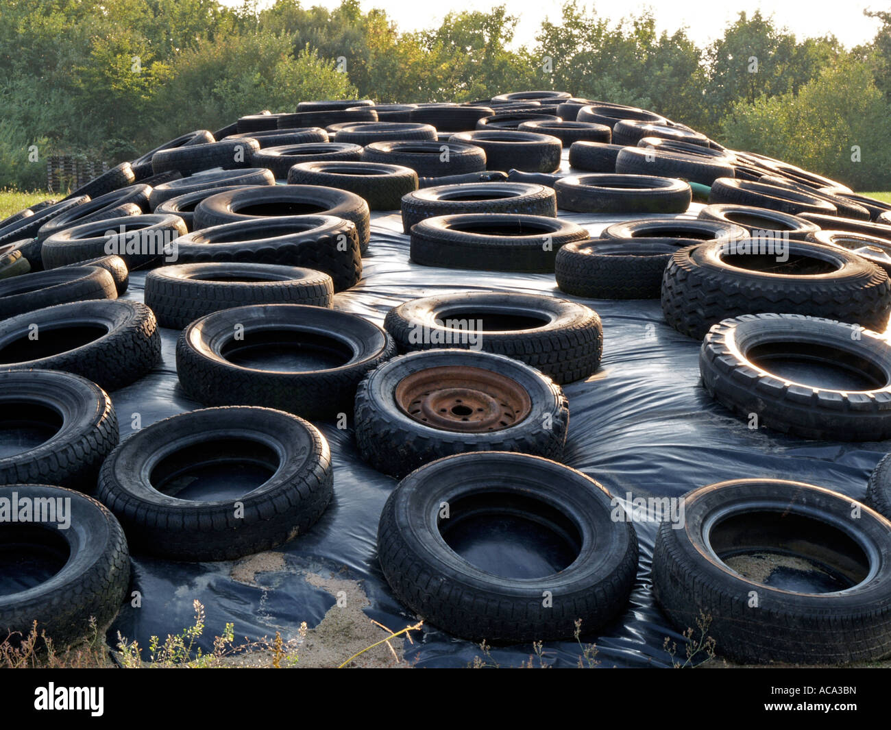 Car tires cover a dunghill Stock Photo