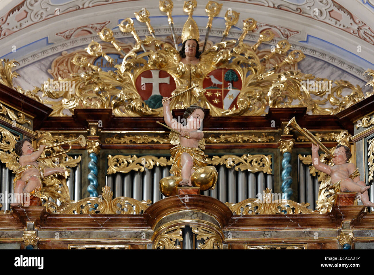 Religious foundation Goettweig, collegiate church, baroque organ, angels playing music, Lower Austria, Austria Stock Photo