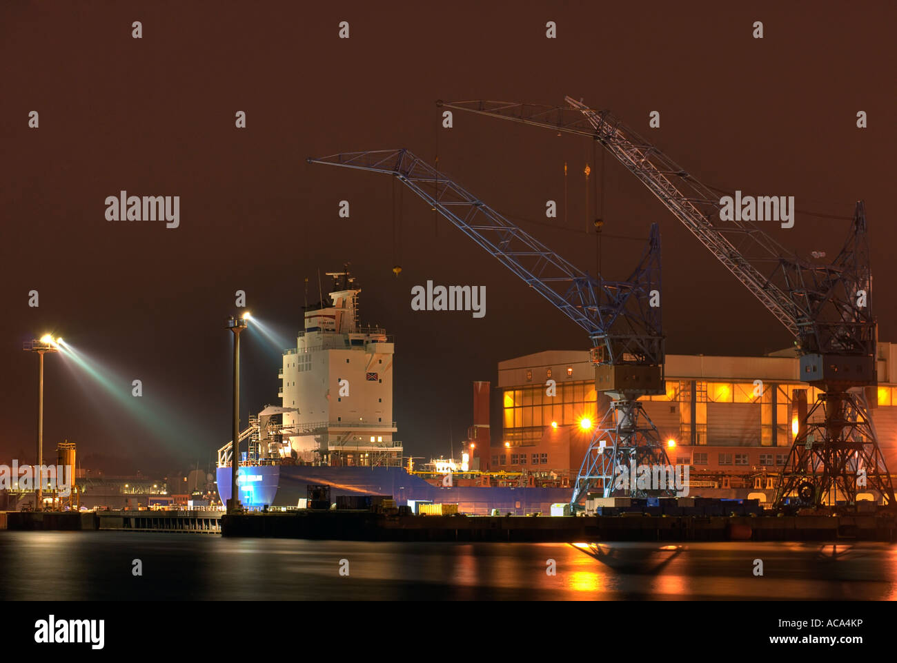 Howaldtswerke-Deutsche Werft (HDW), shipbuilding company, at night, Kiel, Schleswig-Holstein, Germany Stock Photo