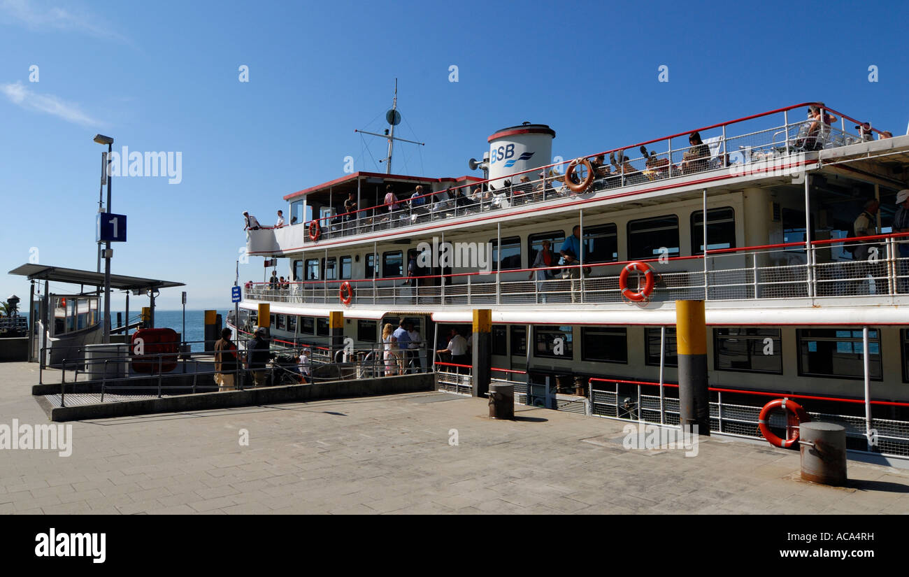 At the sea-promenade with a excursion ship, Meersburg, Baden Wuerttemberg, Germany, Europe. Stock Photo