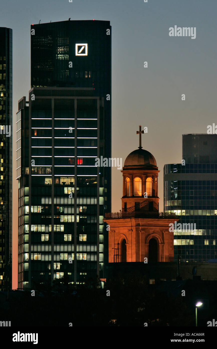 Skyline of Frankfurt with the Deutsche Bank building and the Pauls Church, Frankfurt am Main, Hesse, Germany Stock Photo