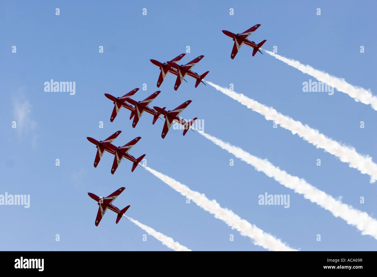 Aerobatic dsiplay from the red arrows of the RAF UK Flying Hawk 100