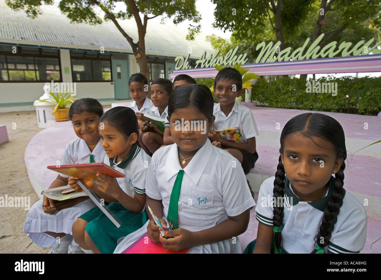 Children in school Dh. Atholhu Madharusa, promoted by UNICEF, Maldives Stock Photo