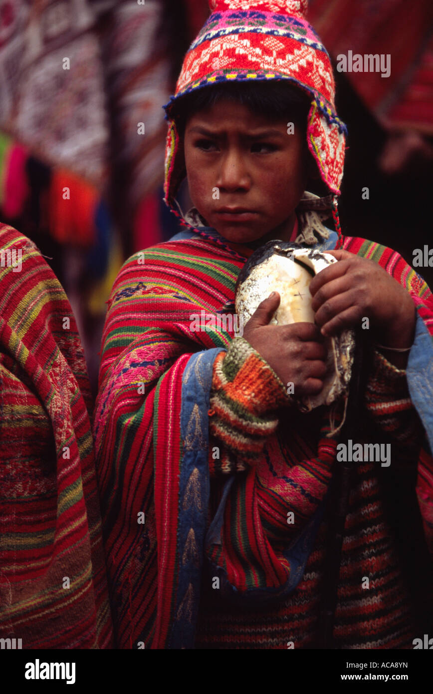 Andean boy - Pisac, Urubamba PERU Stock Photo