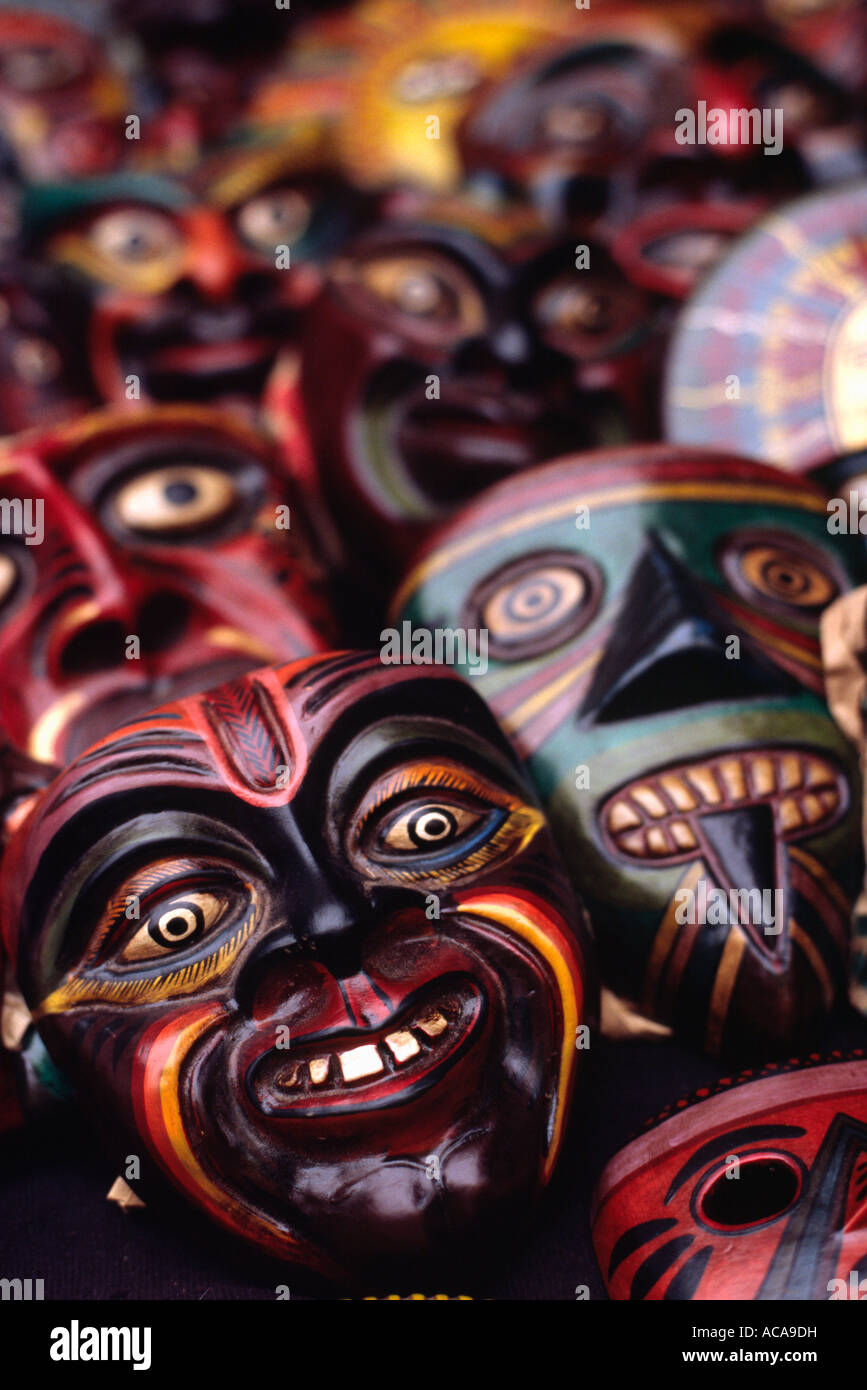 Wooden handicrafts in the Pisac markets - Pisac, Urubamba, PERU Stock Photo
