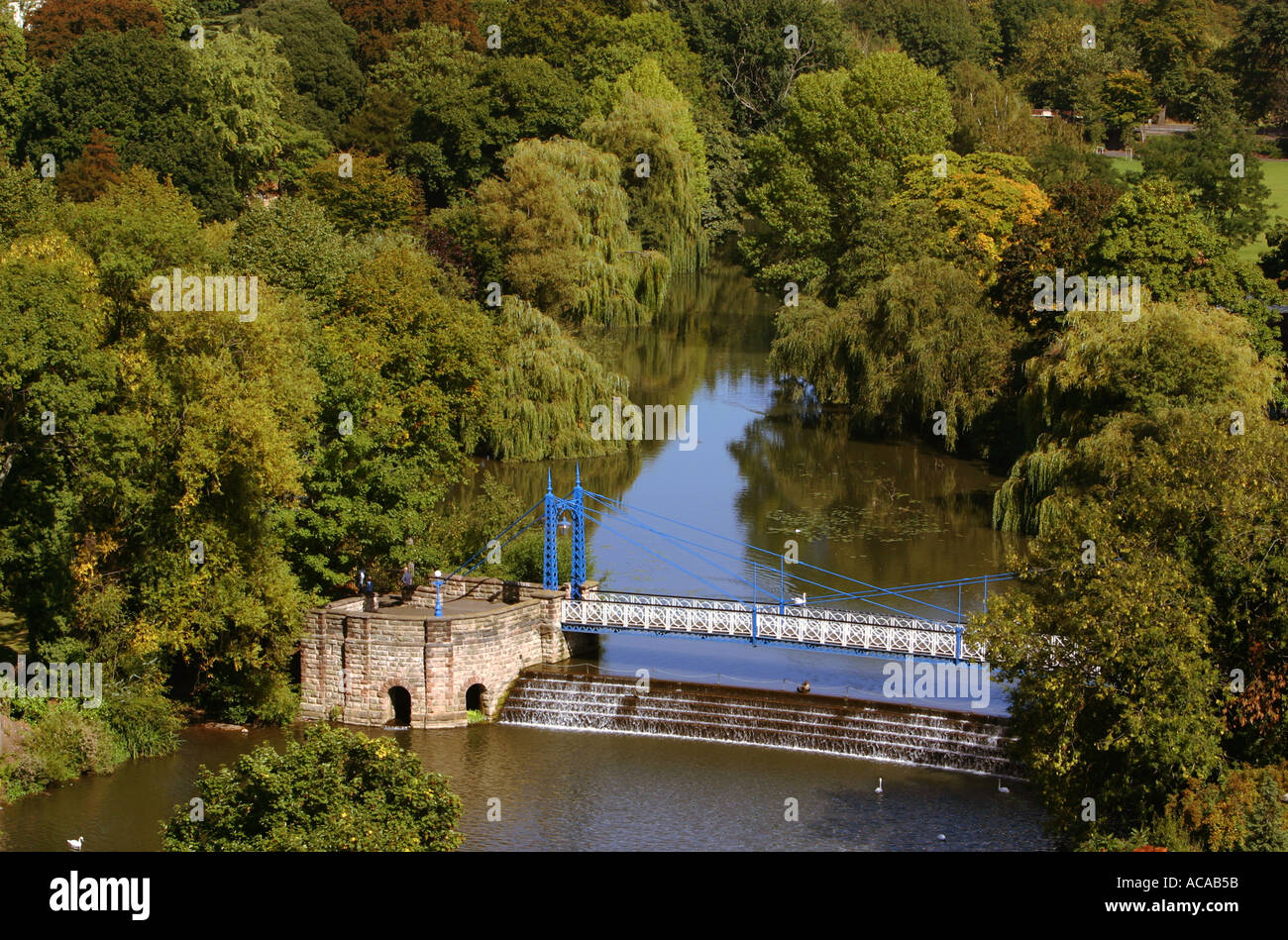 Aerial view of Mill Suspension Bridge over the River Leam & the Jephson Gardens, Leamington, Warwickshire UK Stock Photo