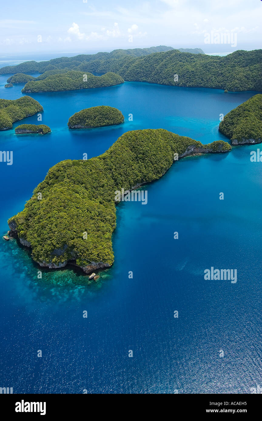 Aerial view of the Rock Islands of Palau Micronesia Pacific Ocean Stock Photo