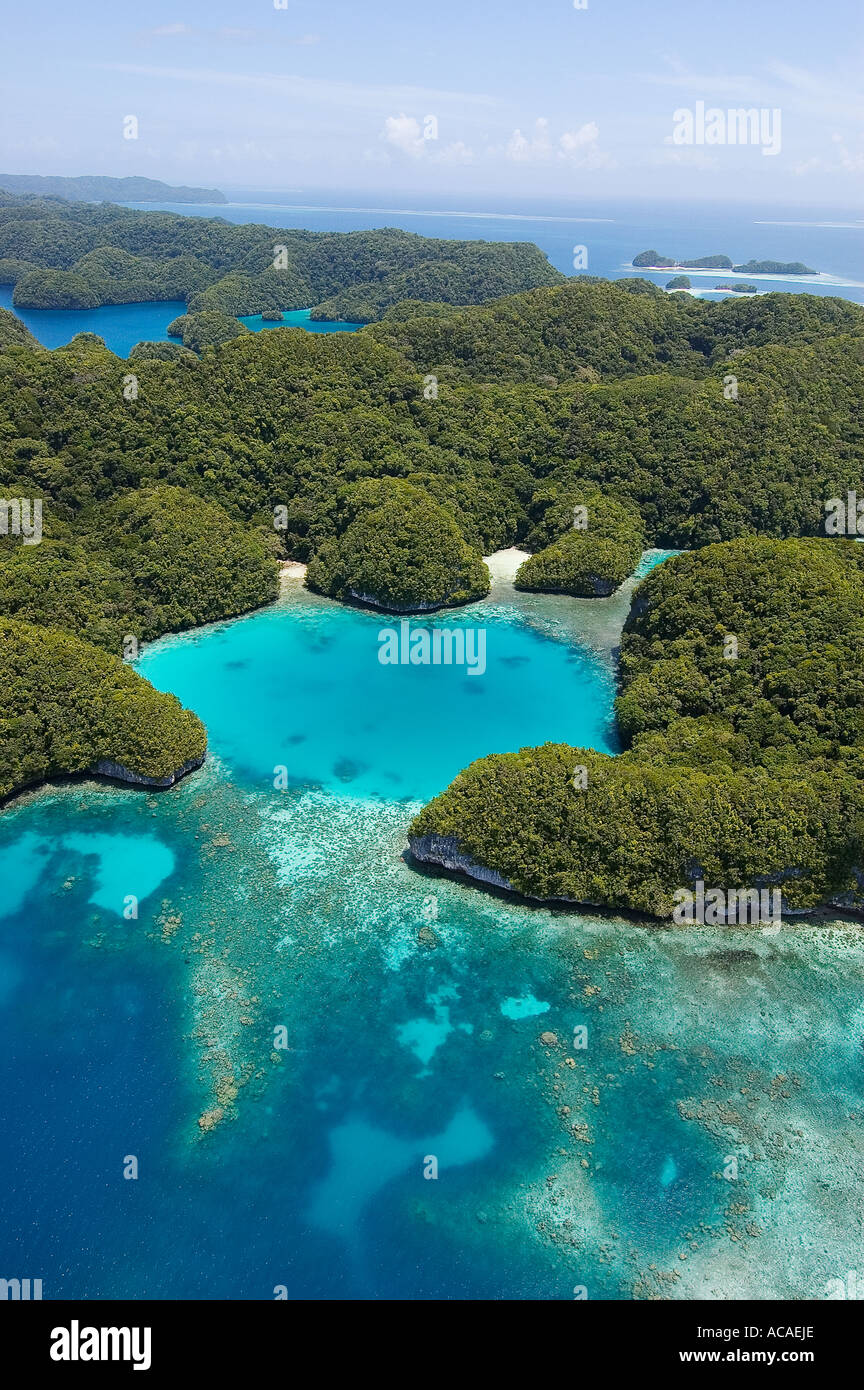 Aerial view of the Rock Islands of Palau Micronesia Pacific Ocean Stock Photo