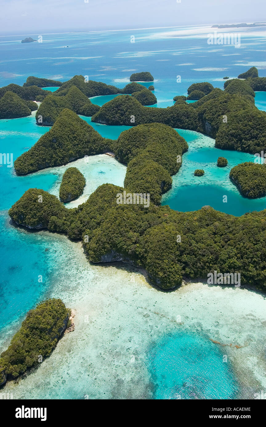 Aerial view of 70 Islands Nature Reserve a protected area for nesting turtles Rock Islands Palau Micronesia Pacific Ocean Stock Photo