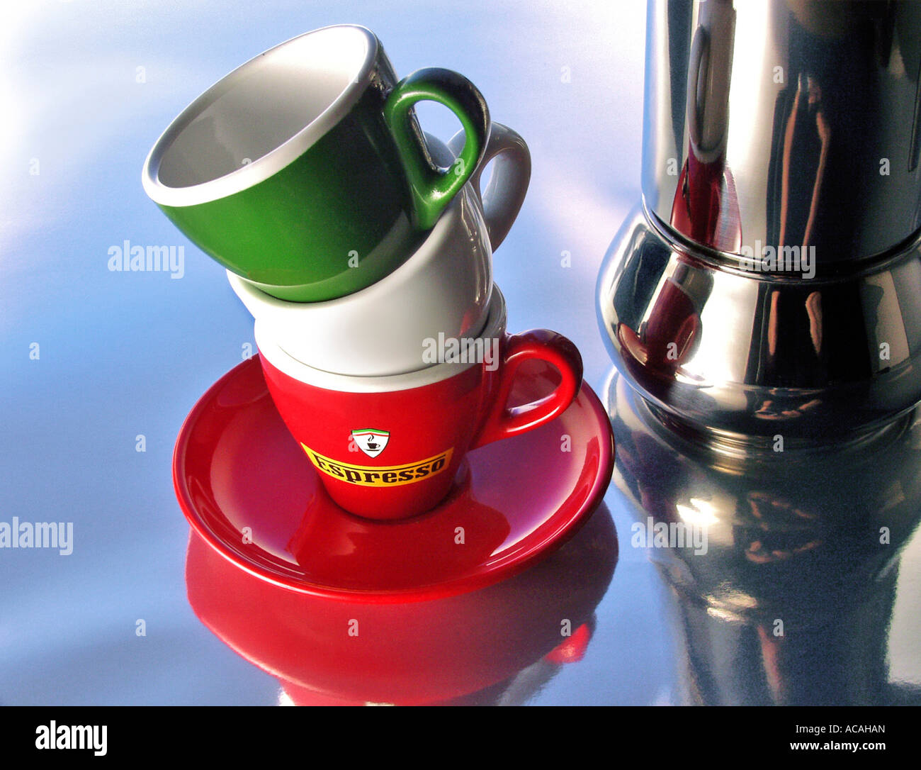 Three cups in the colours of the italian flag Stock Photo