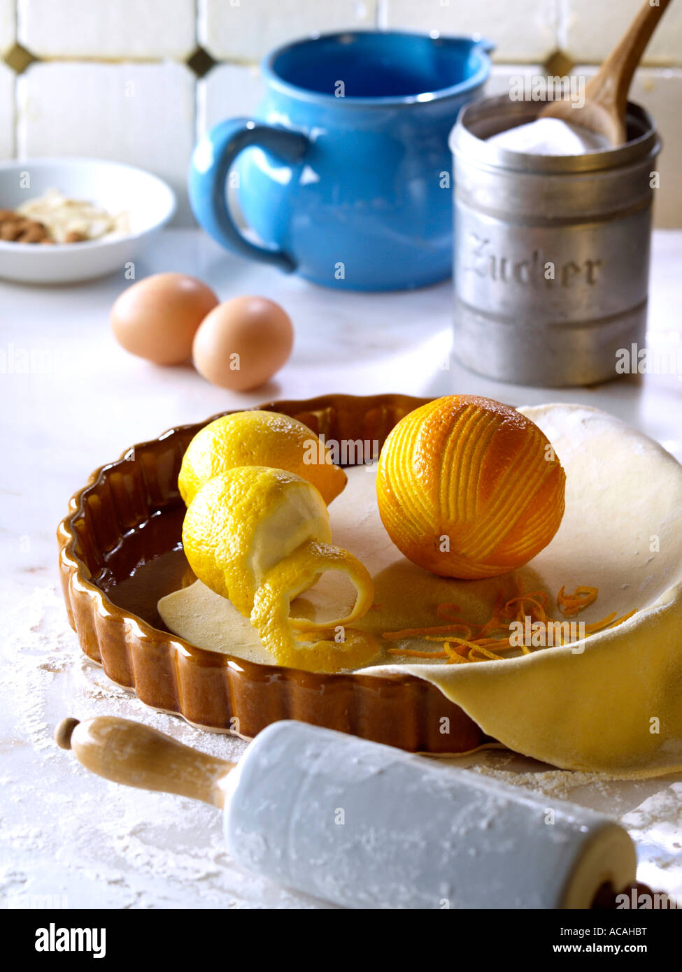 Ingredients for lemon cake: cake mixture, lemons, oranges, eggs, sugar Stock Photo