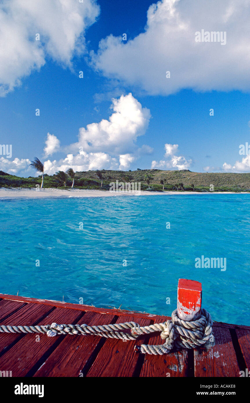 Necker Island rustic wooden mooring jetty and Necker Island coastline in British Virgin Islands