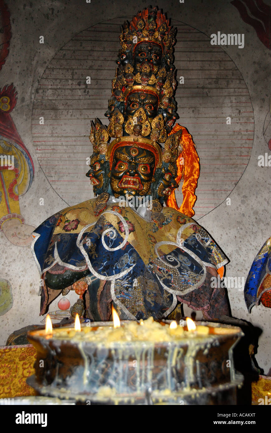 Tibetan Buddhism figure fearesome protector demon with many heads Jokhang Lhasa Tibet China Stock Photo