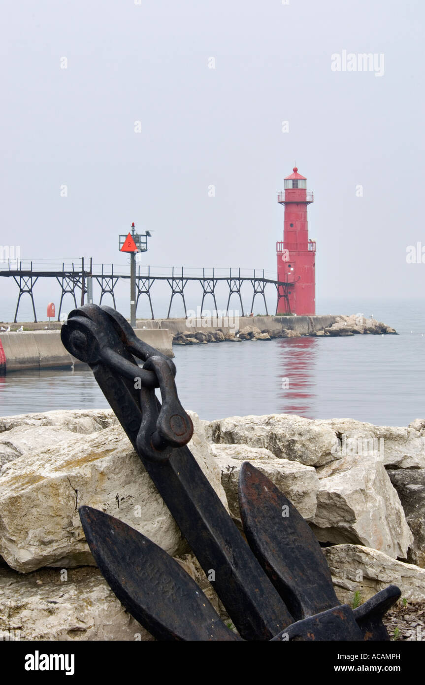 Algoma Pierhead Lighthouse and Anchor with Fog Over Lake Michigan Algoma Wisconsin Stock Photo