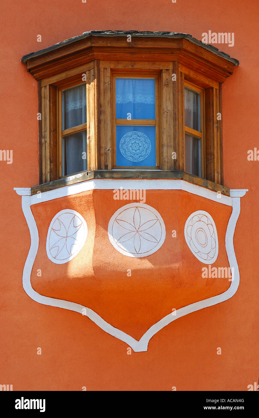 Bay window of traditional Engadine house, S-chanf, Engadin, Grisons, Switzerland Stock Photo