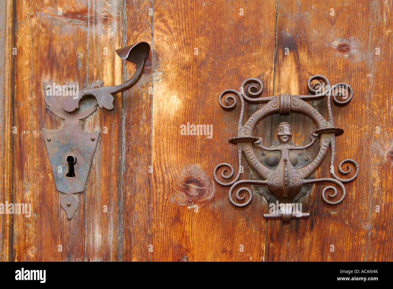 Historical door lock, Guarda, Engadine, Grisons, Switzerland Stock Photo