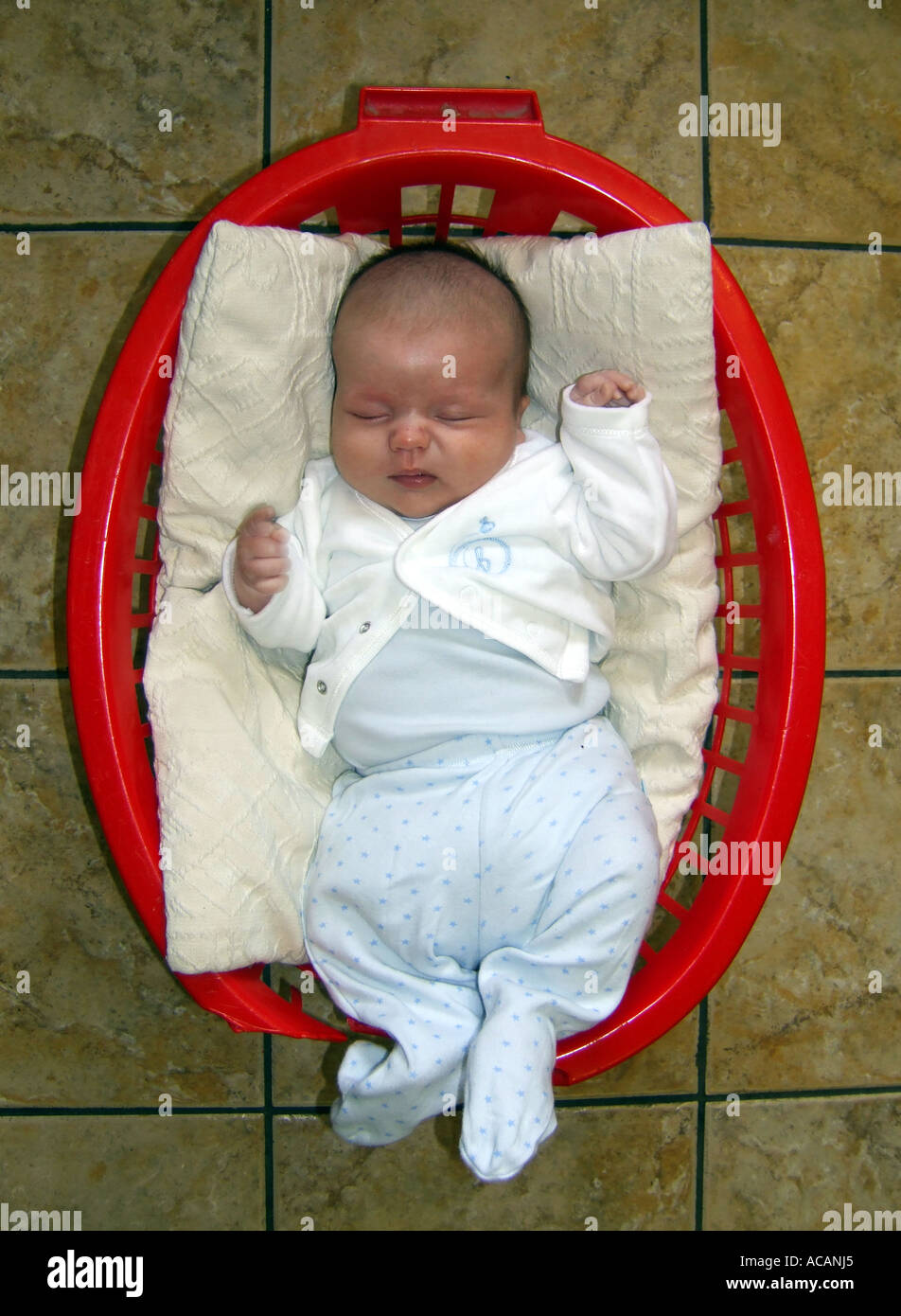 Baby in a washing basket Stock Photo Alamy