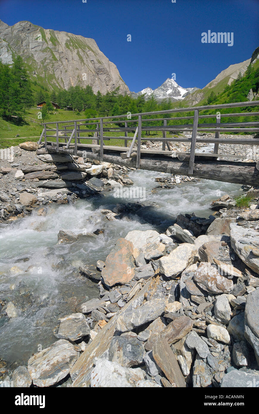 Wooden bridge over the mountain stream Koednitzbach, National Park Hohe Tauern, Tyrol, Austria Stock Photo