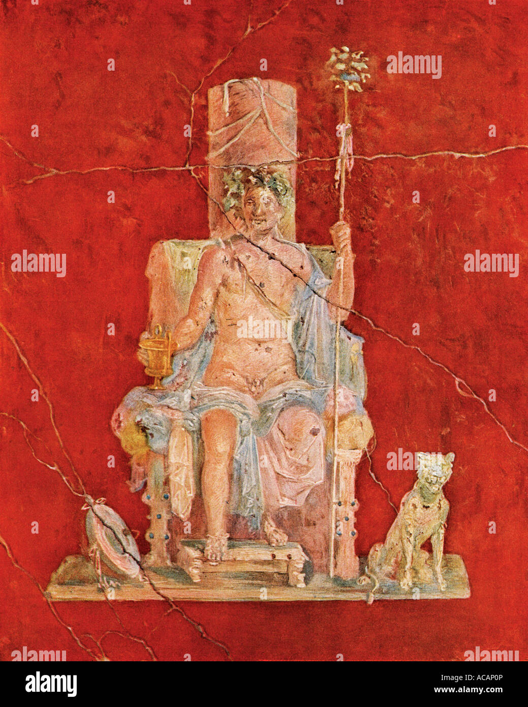 Wall painting of the enthroned Roman deity Dionysus from the ruins of Pompeii. Color lithograph Stock Photo
