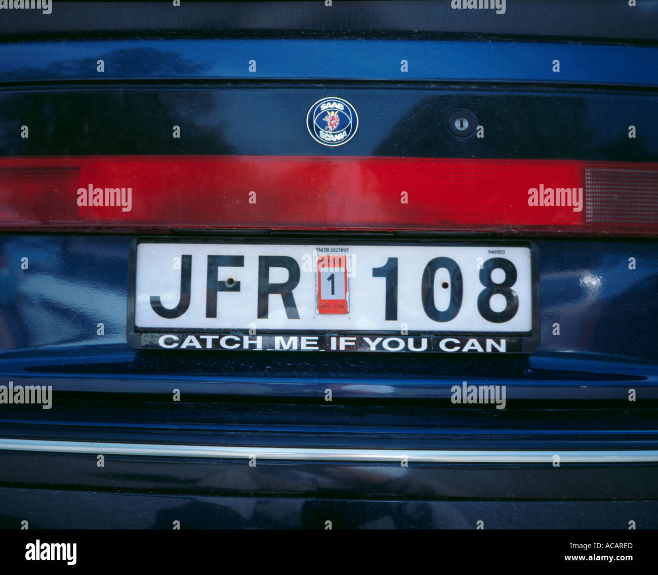 'Catch me if you can'. rear number plate on a Swedish car Stock Photo