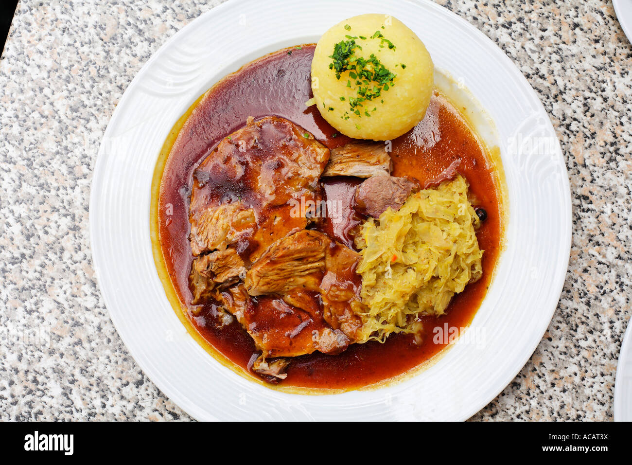 Roast pork with dumpling and kraut, Bavaria, Germany Stock Photo