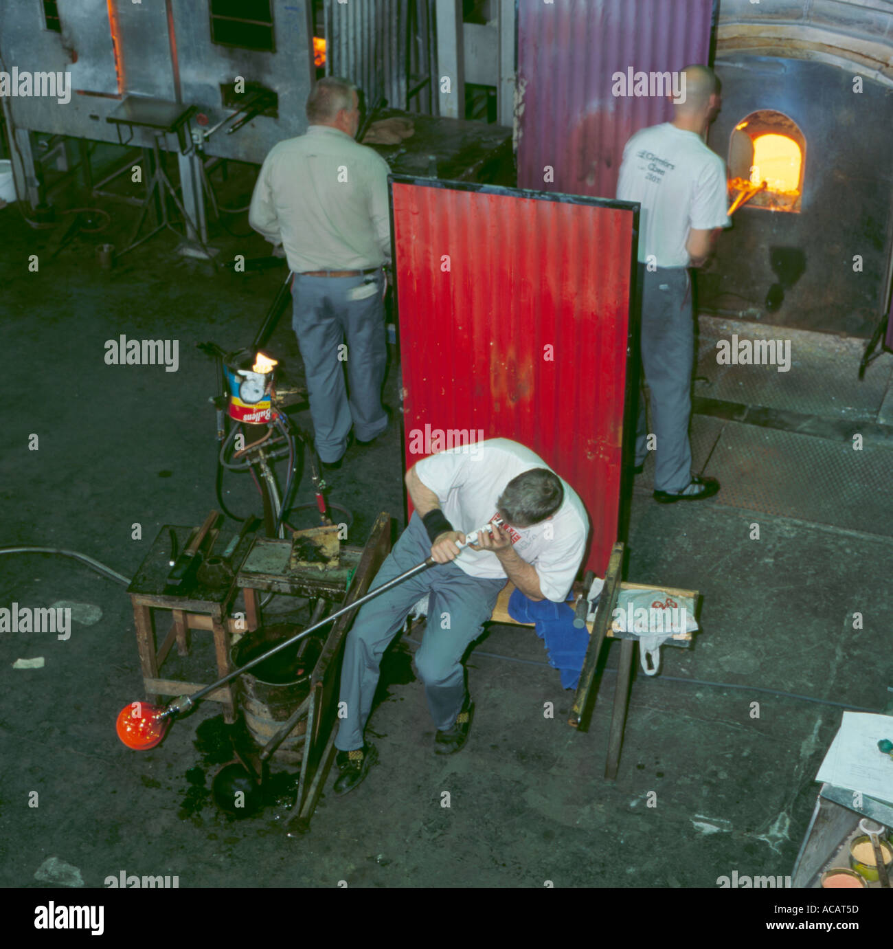 Glass makers at work at a glass factory, Orrefors glass works, Orrefors