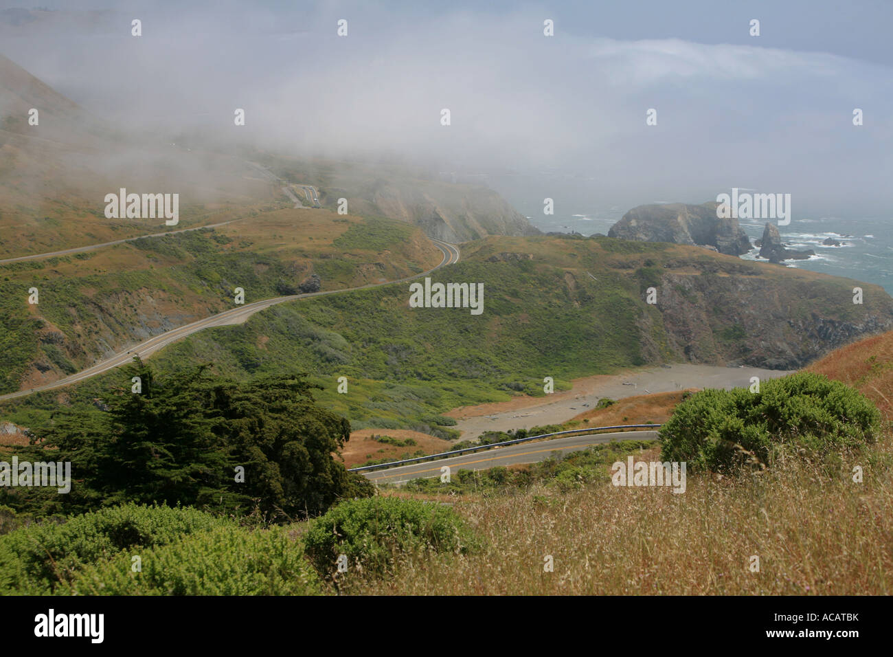 Typical summer morning with fog on the Pacific Coast Highway, California, USA Stock Photo