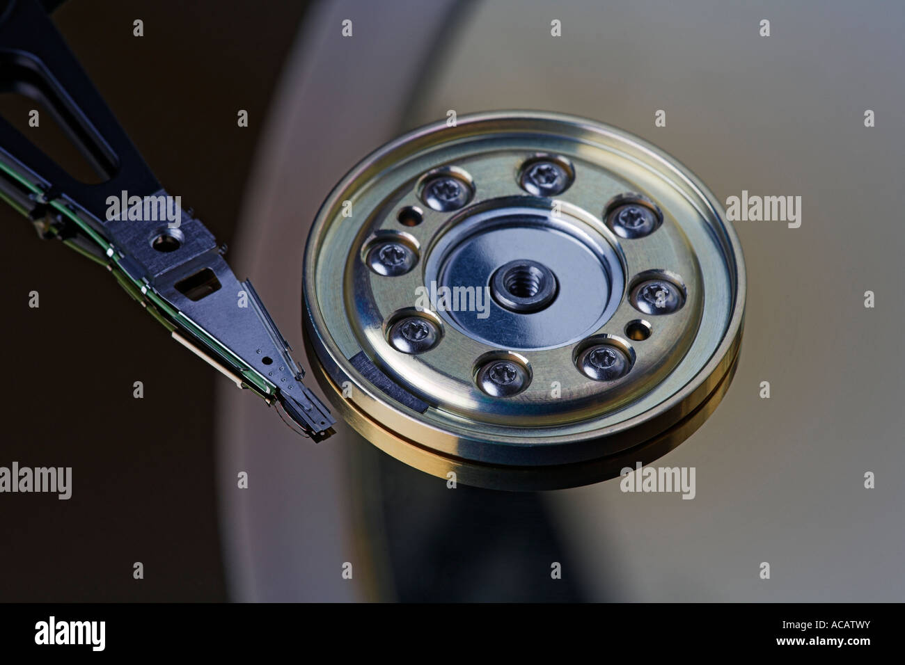 Harddisc, inside, platter, read-write head, actuator arm Stock Photo